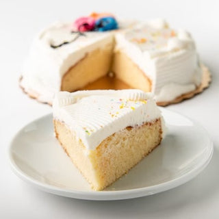 Single layer Vegan Vanilla Birthday Cake with White Icing, Multi-Colored Balloons and Sprinkles